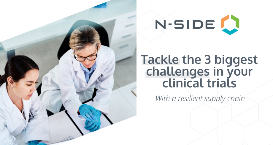 Two scientists working, with blog title: 'Tackle the 3 Biggest Challenges in Clinical Supply Chain
